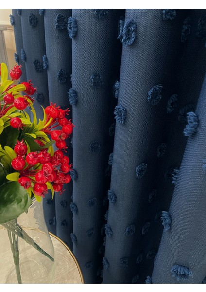 Lacivert Renk Ponponlu Pufy Fon Perde 1/3 Sık Pile