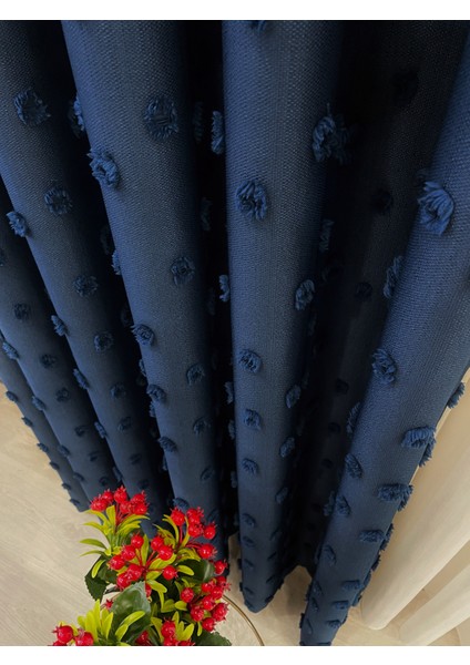 Lacivert Renk Ponponlu Pufy Fon Perde 1/3 Sık Pile fiyatları