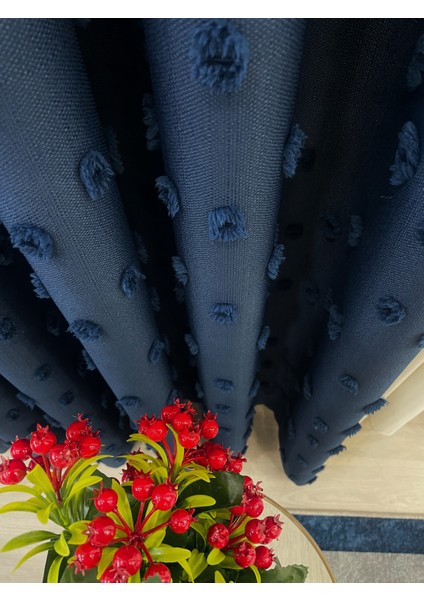 Lacivert Renk Ponponlu Pufy Fon Perde 1/3 Sık Pile modelleri