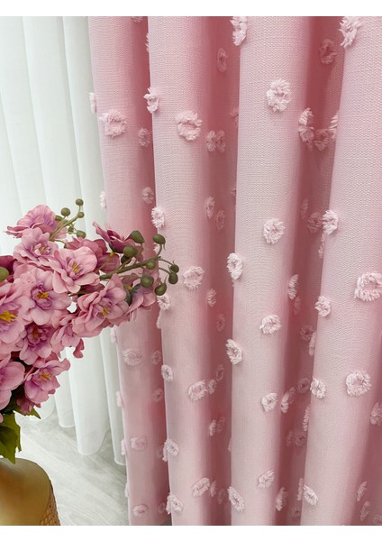 Şeker Pembe Renk Ponponlu Pufy Fon Perde 1/3 Sık Pile modelleri