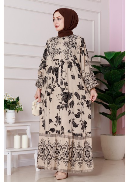 Arya Yarım Düğmeli Viscon Elbise-Bej