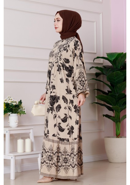 Arya Yarım Düğmeli Viscon Elbise-Bej fiyatları