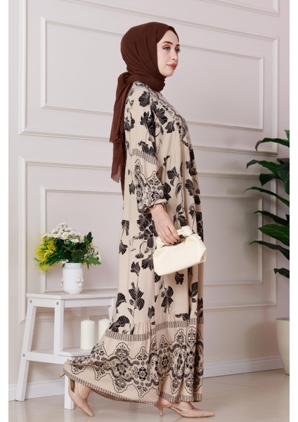 Arya Yarım Düğmeli Viscon Elbise-Bej modelleri