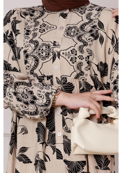 Arya Yarım Düğmeli Viscon Elbise-Bej fırsatları