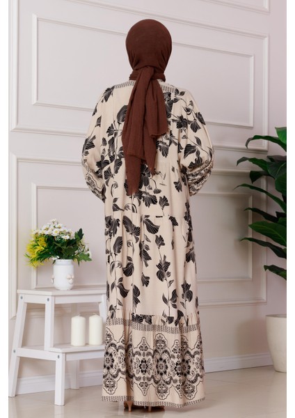 Arya Yarım Düğmeli Viscon Elbise-Bej indirimleri