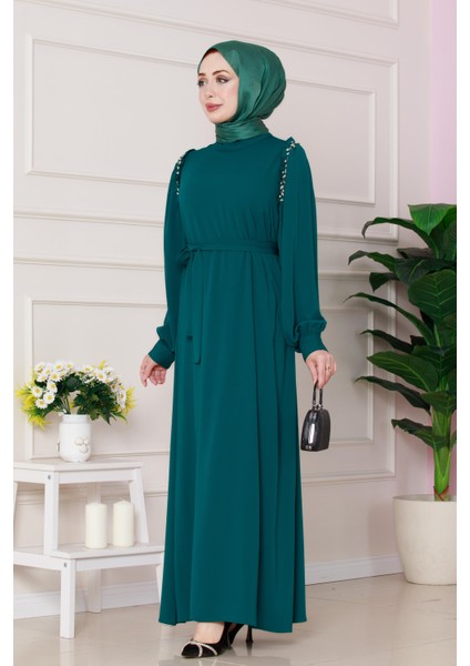 Omuzu Taş Detaylı Rose Elbise-Zümrüt Yeşili