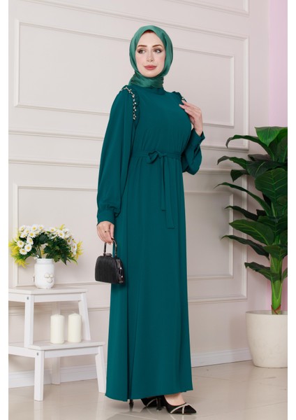 Omuzu Taş Detaylı Rose Elbise-Zümrüt Yeşili fiyatları