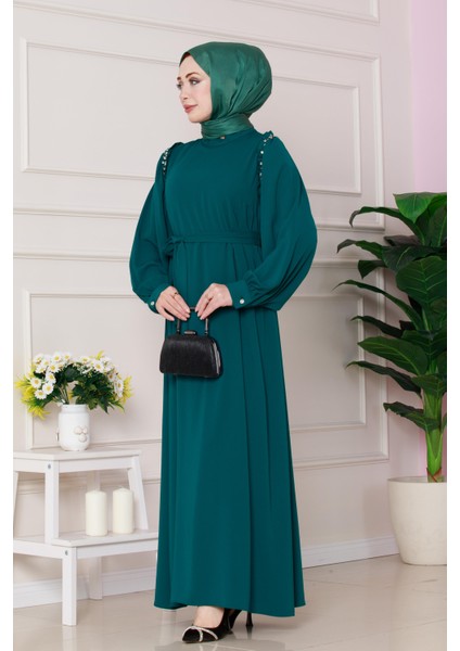 Omuzu Taş Detaylı Rose Elbise-Zümrüt Yeşili modelleri