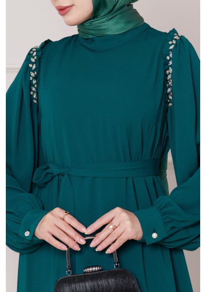 Omuzu Taş Detaylı Rose Elbise-Zümrüt Yeşili fırsatları