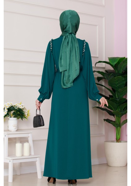 Omuzu Taş Detaylı Rose Elbise-Zümrüt Yeşili indirimleri