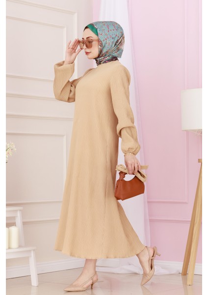 Beli Kuşaklı Luna Tesettür Elbise-Bej modelleri