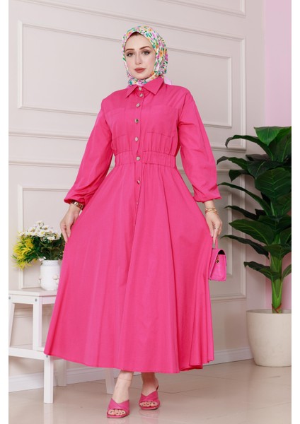 Beli Lastik Detaylı Yasemin Elbise-Pembe