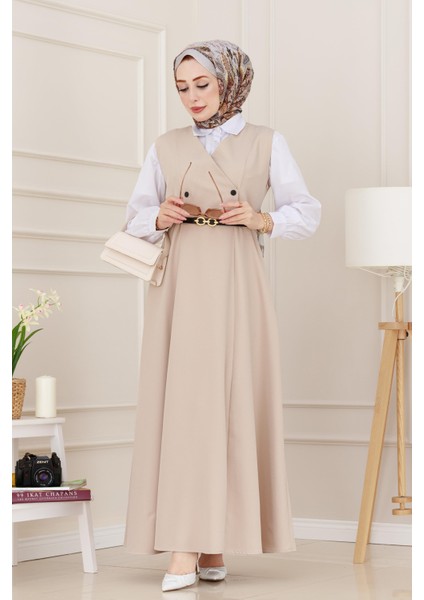 Düğme Detaylı Kemerli Jile-Bej