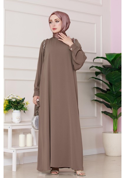 Omuzu Taş Detaylı Rose Elbise-Vizon