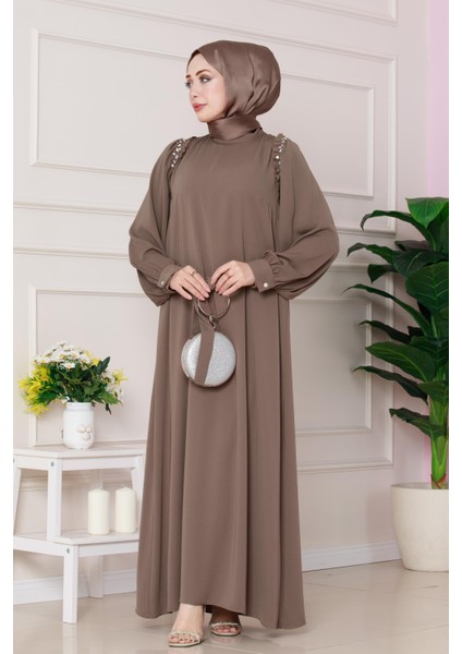 Omuzu Taş Detaylı Rose Elbise-Vizon fiyatları