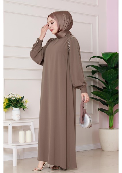 Omuzu Taş Detaylı Rose Elbise-Vizon modelleri