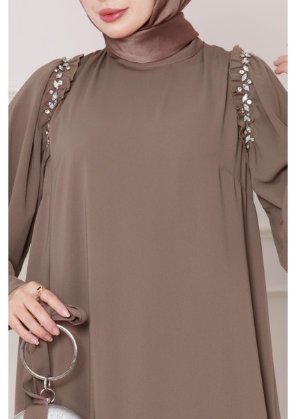 Omuzu Taş Detaylı Rose Elbise-Vizon fırsatları