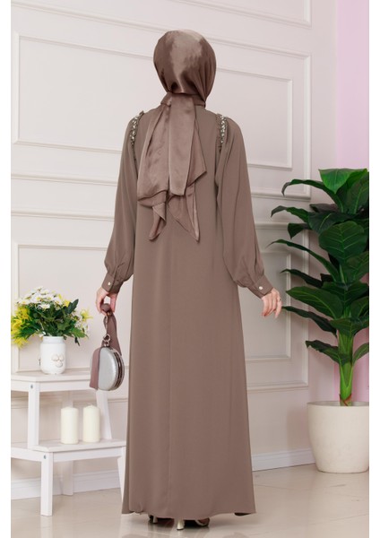 Omuzu Taş Detaylı Rose Elbise-Vizon indirimleri