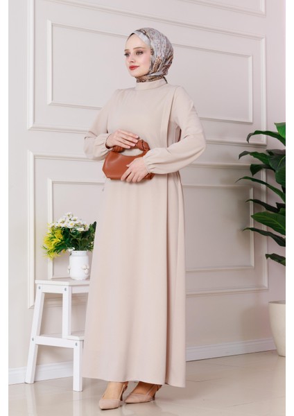 Yanı Bağlamalı Şule Elbise-Bej fiyatları