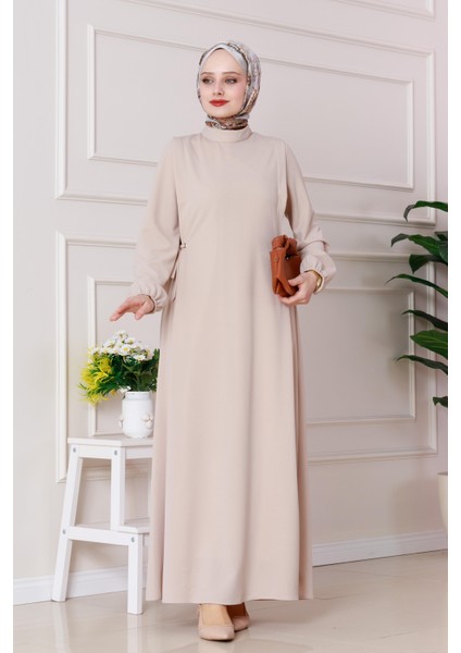 Yanı Bağlamalı Şule Elbise-Bej modelleri