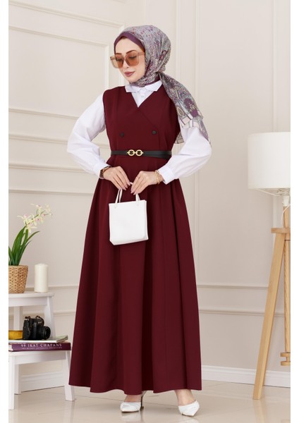 Düğme Detaylı Kemerli Jile-Bordo fiyatları