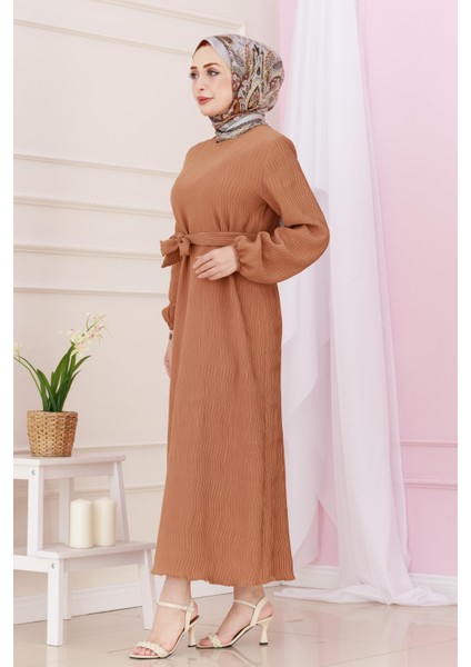 Beli Kuşaklı Luna Tesettür Elbise-Taba fiyatları