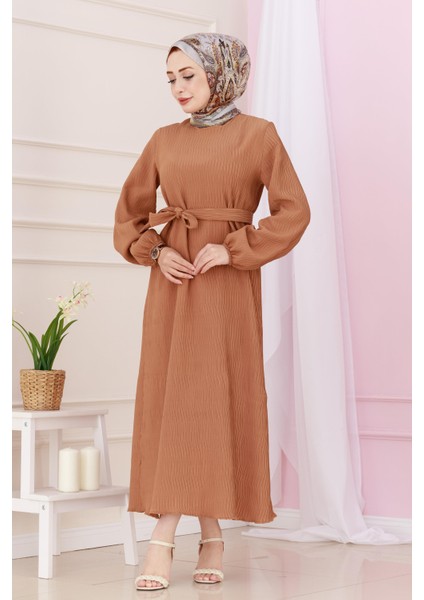 Beli Kuşaklı Luna Tesettür Elbise-Taba modelleri