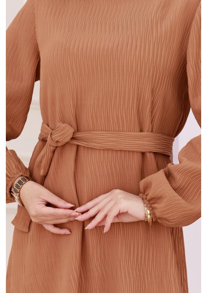 Beli Kuşaklı Luna Tesettür Elbise-Taba fırsatları