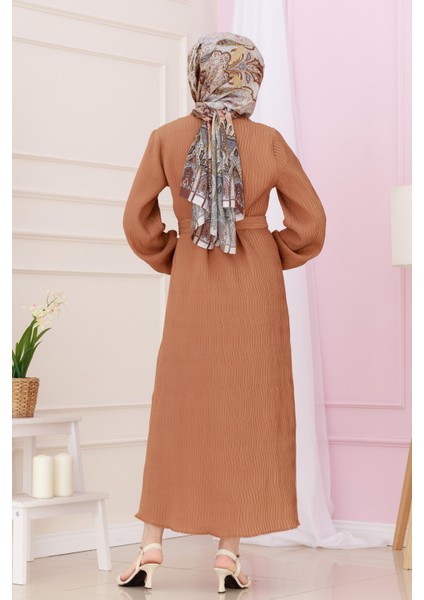 Beli Kuşaklı Luna Tesettür Elbise-Taba indirimleri