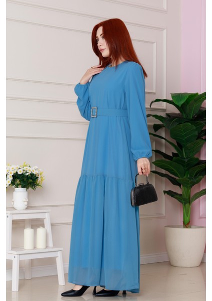 Beli Taşlı Kemerli Uzun Elbise-Bebe Mavi modelleri