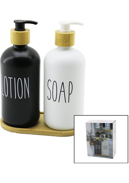 2li Set Cam Sıvı Sabunluk - Losyonluk Boyalı Cam=siyah-Beyaz Ahşap Bambu Altlık