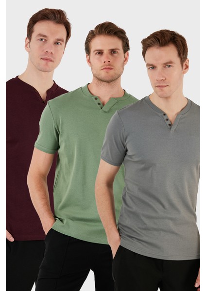 Pamuklu Düğme Detaylı Slim Fit V Yaka 3'lü Paket T Shirt Erkek T Shirt 5902122S3