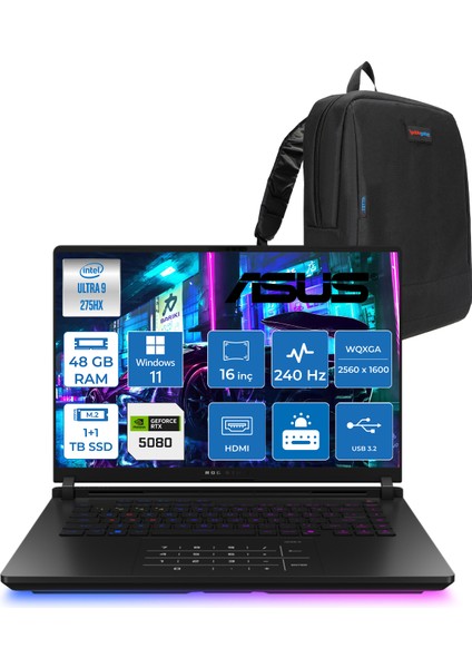 Rog Strix Scar 16 G635LW-RW141 Intel Core Ultra 9 275HX Aı 48GB GB 1tb Ssd+1tb SSD 16GB/RTX5080 Gddr7 175W 16" 2.5k (2560X1600,WQXGA) 240Hz 3ms 1200NITS WINDOWS11HOME Laptop WSA141H20+ZETTAÇANTA