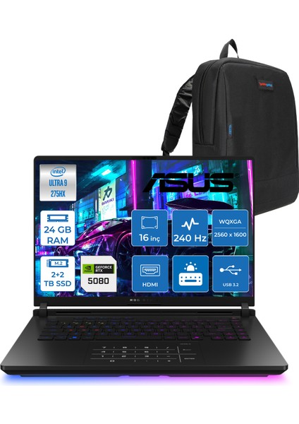 Rog Strix Scar 16 G635LW-RW141 Intel Core Ultra 9 275HX Aı 24GB GB 2tb Ssd+2tb SSD 16GB/RTX5080 Gddr7 175W 16" 2.5k (2560X1600,WQXGA) 240Hz 3ms 1200NITS Freedos Laptop WSA141F06+ZETTAÇANTA