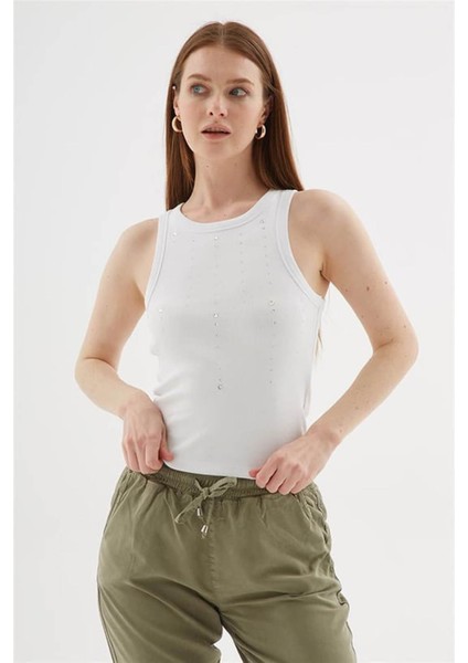 Taşlı Beyaz Kadın Kolsuz T-Shirt 25Y0505K1