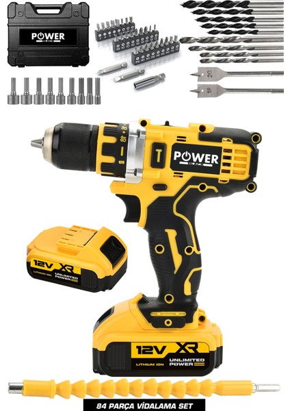 12V 2.0AH Şarjlı Matkap Metal Şanzıman Bakır Sargılı Çift Akülü 84 Parça Set Powerblack