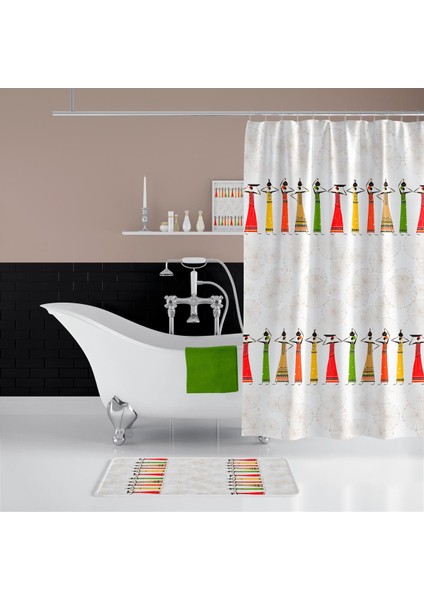 Banyo Paspas ve Tek Kanat Duş Perdesi 1X120X200 Set Banyo Halısı Africa