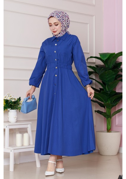 Beli Lastik Detaylı Yasemin Elbise-Saks Mavi