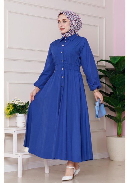 Beli Lastik Detaylı Yasemin Elbise-Saks Mavi fiyatları