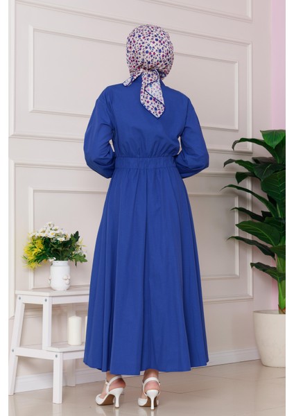 Beli Lastik Detaylı Yasemin Elbise-Saks Mavi indirimleri