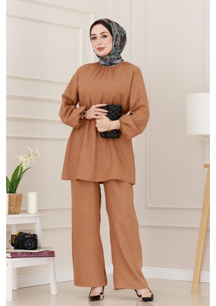 Kolu Lastikli Beli Bağcıklı Nisa Takım-Camel