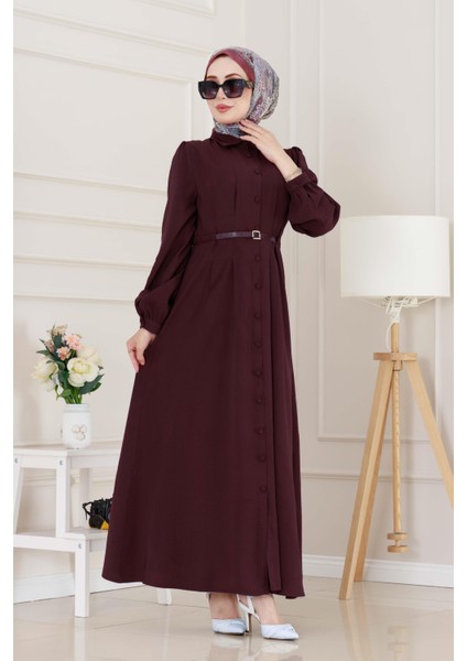Kemerli Tensel Elbise-Bordo