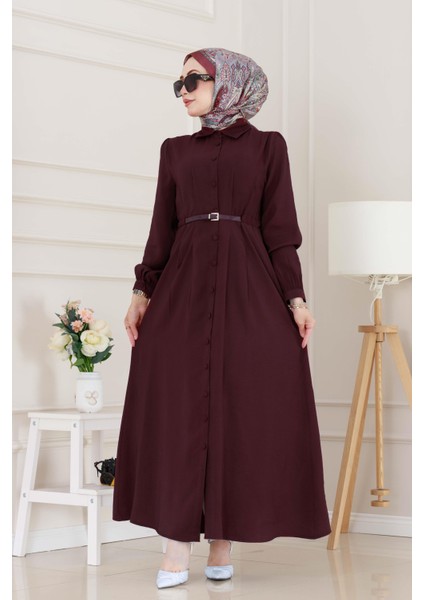 Kemerli Tensel Elbise-Bordo