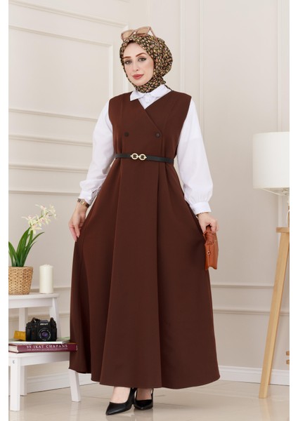 Düğme Detaylı Kemerli Jile-Kahverengi