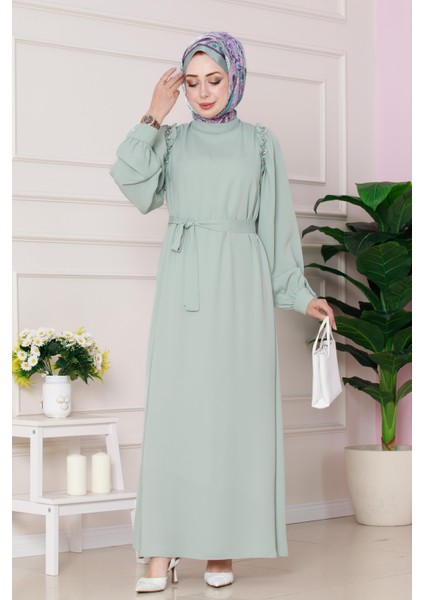 Omuzu Taş Detaylı Rose Elbise-Mint Yeşili