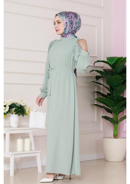 Omuzu Taş Detaylı Rose Elbise-Mint Yeşili modelleri