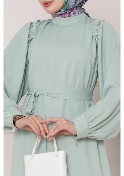 Omuzu Taş Detaylı Rose Elbise-Mint Yeşili fırsatları