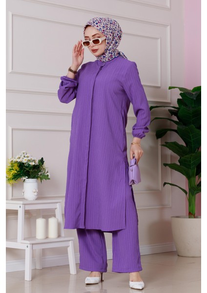 Yırtmaç Detaylı Tunik Pantolon Takım-Mor