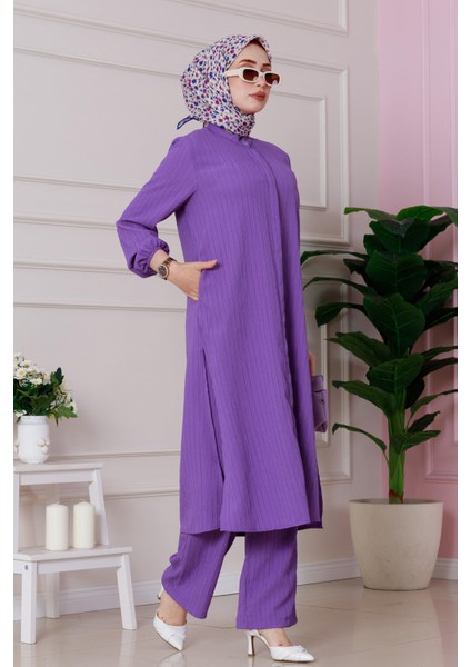 Yırtmaç Detaylı Tunik Pantolon Takım-Mor