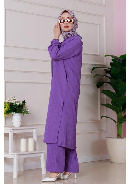Yırtmaç Detaylı Tunik Pantolon Takım-Mor